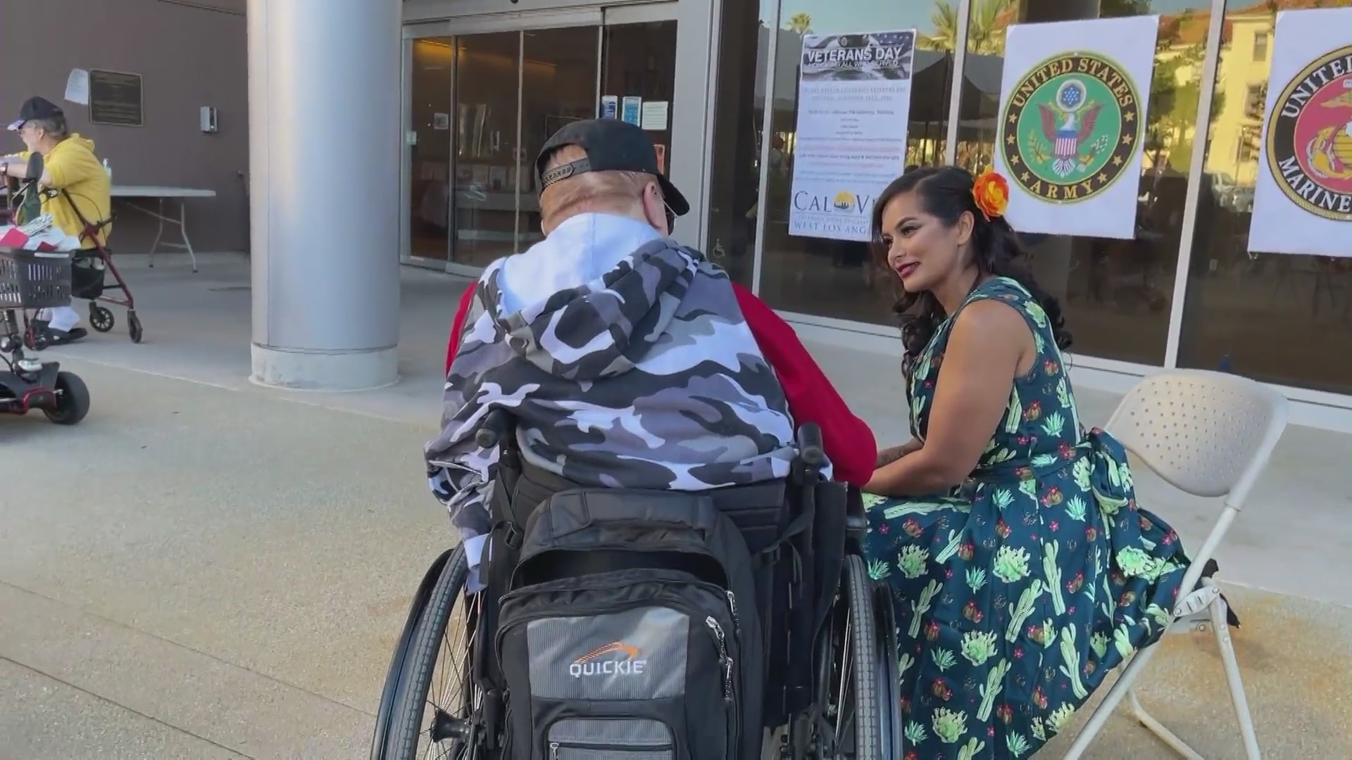 A group of female veterans with Pin-Ups for Vets, dressed up as WWII-style pin-up models while giving back to the community on Veteran’s Day on Nov. 11, 2023. (KTLA)