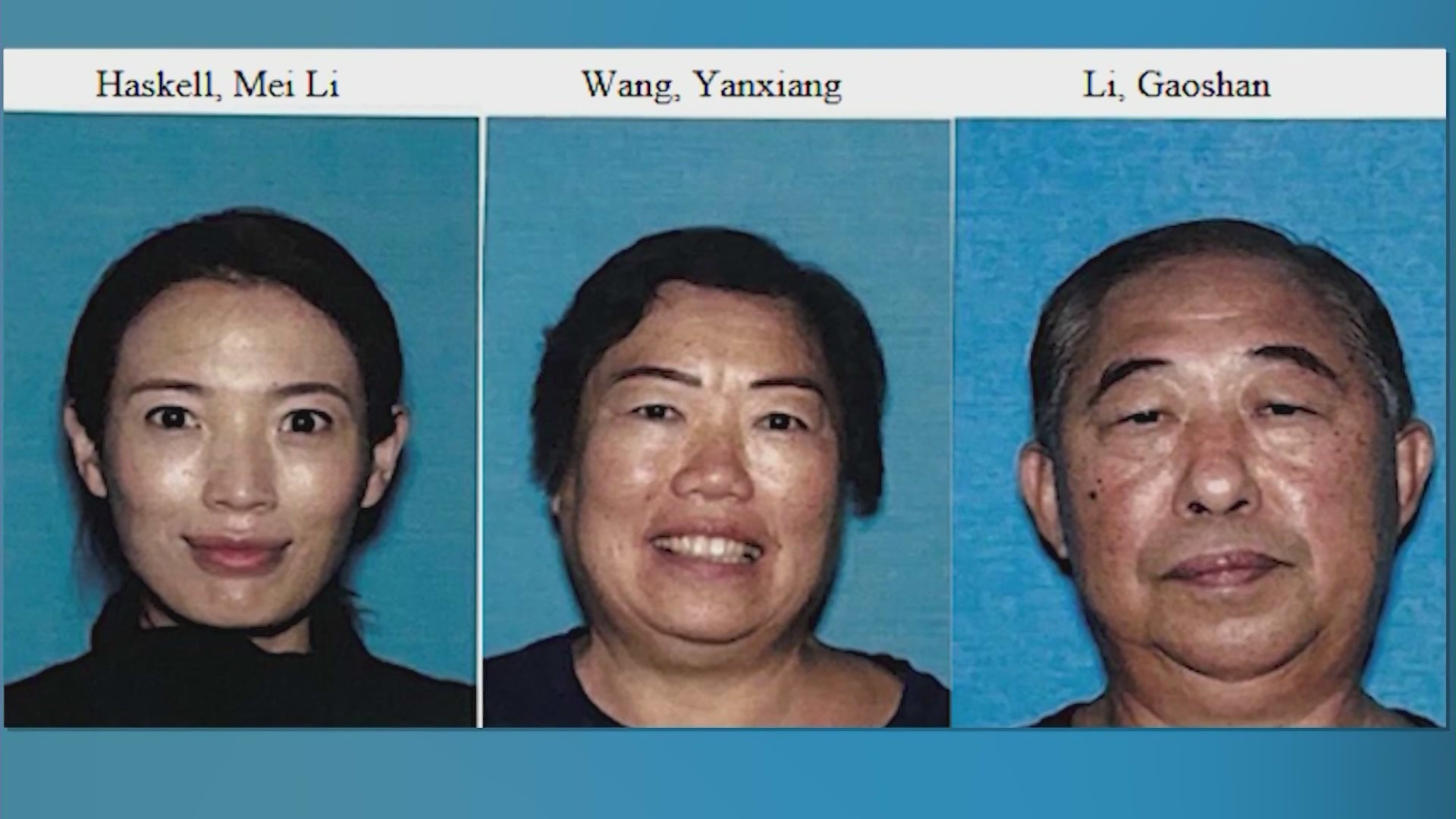 Mei Haskell's parents, Yanxiang Wang (left) and Gaoshen Li (right) are seen in photos provided by the Los Angeles Police Department.