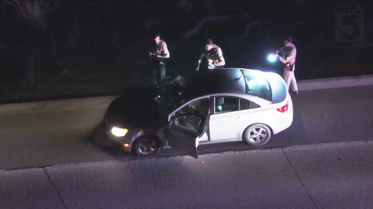 A pursuit surrenders to CHP officers in Ventura County on Nov. 10, 2023. (KTLA)