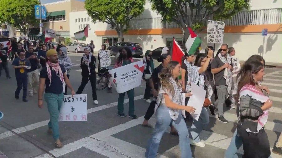 A large group of pro-Palestinian demonstrators marched in West Los Angeles on Nov. 4, 2023 calling for the end to Israel’s bombardment and occupation of Gaza. (KTLA)