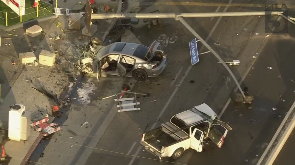 Three people were hospitalized after a pursuit ended with a destructive crash in Long Beach on Nov. 24, 2023. (KTLA)