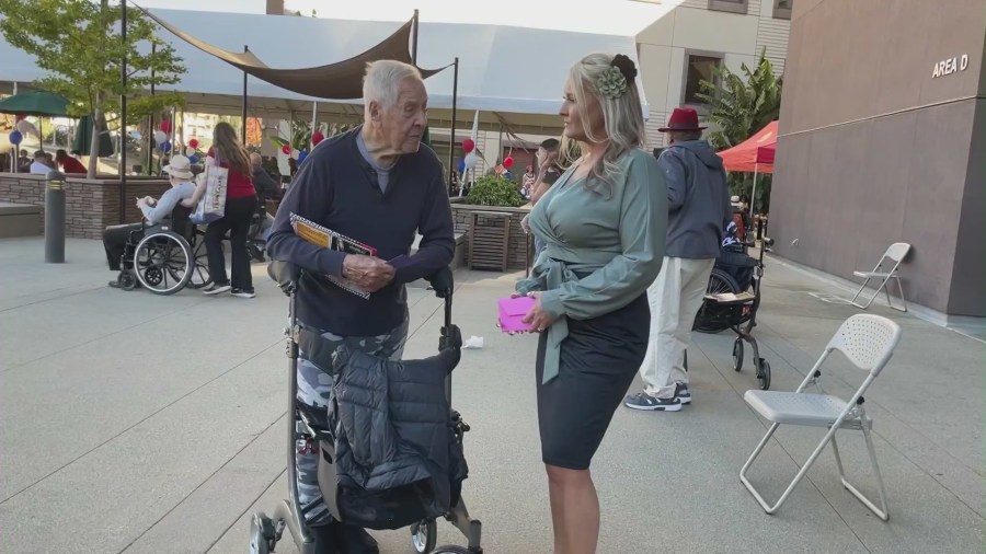 A group of female veterans with Pin-Ups for Vets, dressed up as WWII-style pin-up models while giving back to the community on Veteran’s Day on Nov. 11, 2023. (KTLA)