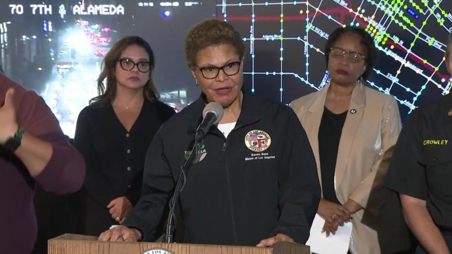 Los Angeles Mayor Karen Bass and city officials provide an update on Nov. 14, 2023 on the massive fire that shut down the 10 Freeway in downtown Los Angeles. 