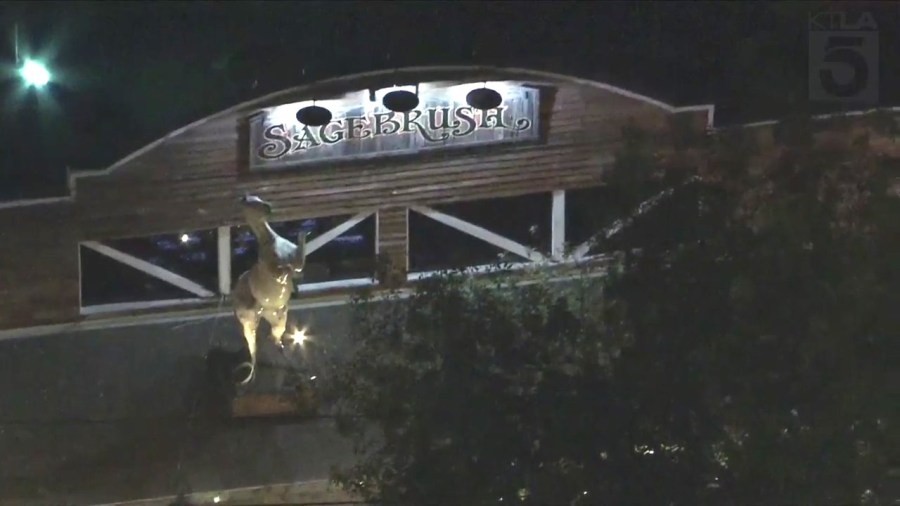 Police repsonded to an officer-involved shooting outside the Sagebrush Cantina in Calabasas on Nov. 1, 2023. (KTLA)