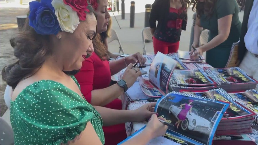 A group of female veterans with Pin-Ups for Vets, dressed up as WWII-style pin-up models while giving back to the community on Veteran’s Day on Nov. 11, 2023. (KTLA)