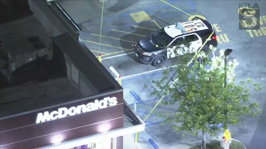 A machete is seen lying outside a McDonald's after an officer-involved shooting occurred outside Sagebrush Cantina in Calabasas on Nov. 1, 2023. (KTLA)