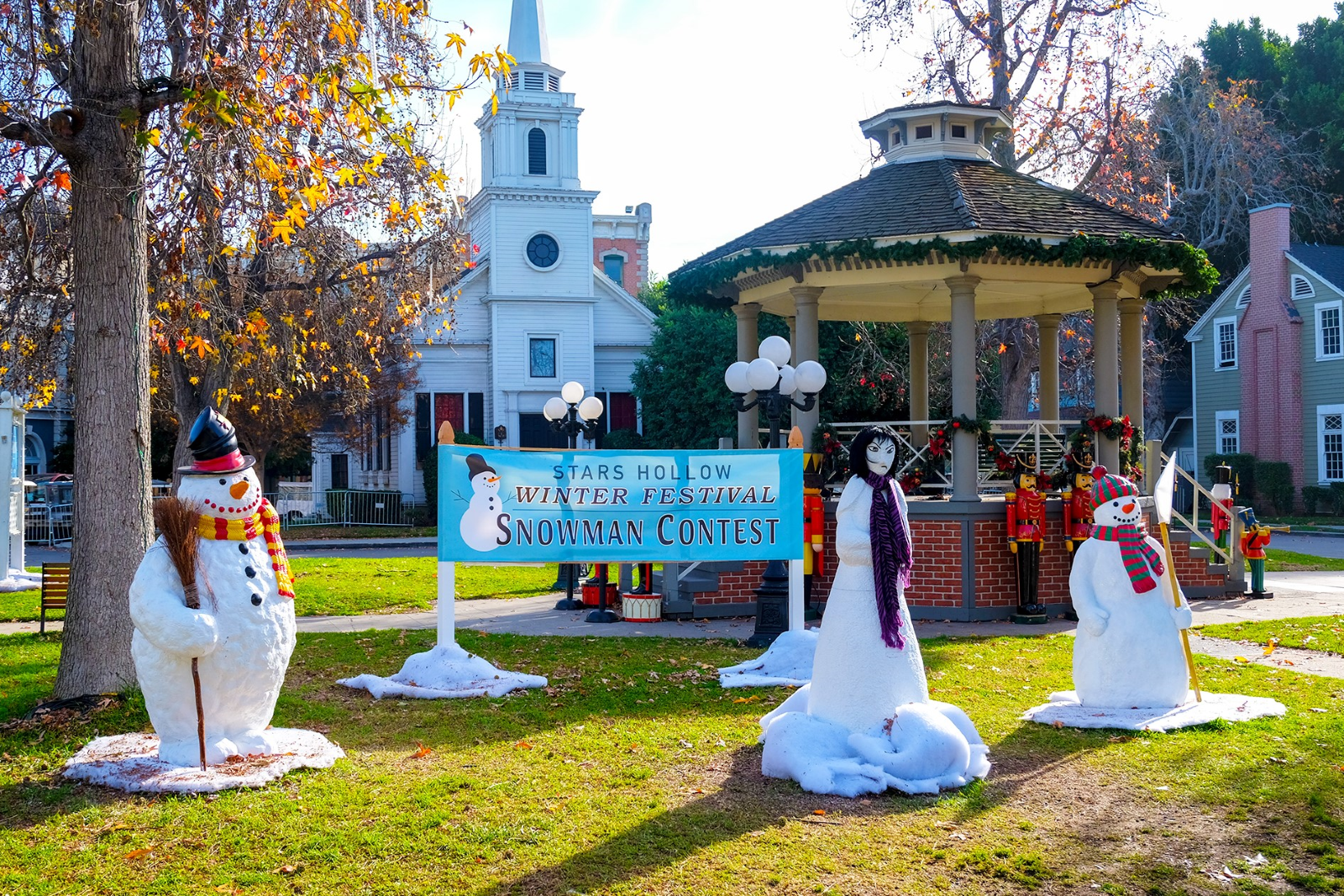 The fictional town of Stars Hollow, which resides on the Warner Bros. Studio lot in Burbank, is shown decked out for the holidays. Warner Bros. will be hosting holiday tours beginning Dec. 22, 2023 though Jan. 1, 2024. (Warner Bros.)