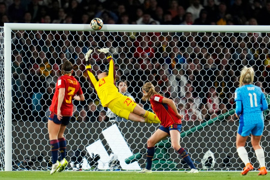 FILE - A shot from England's Lauren Hemp, right, hits the crossbar during the Women's World Cup soccer final between Spain and England at Stadium Australia in Sydney, Australia, Sunday, Aug. 20, 2023. The U.S. Soccer Federation and Mexico Football Federation submitted a joint bid to host the 2027 Women’s World Cup, competing against an expected proposal from Brazil and a joint Germany-Netherlands-Belgium plan. (AP Photo/Abbie Parr, File)