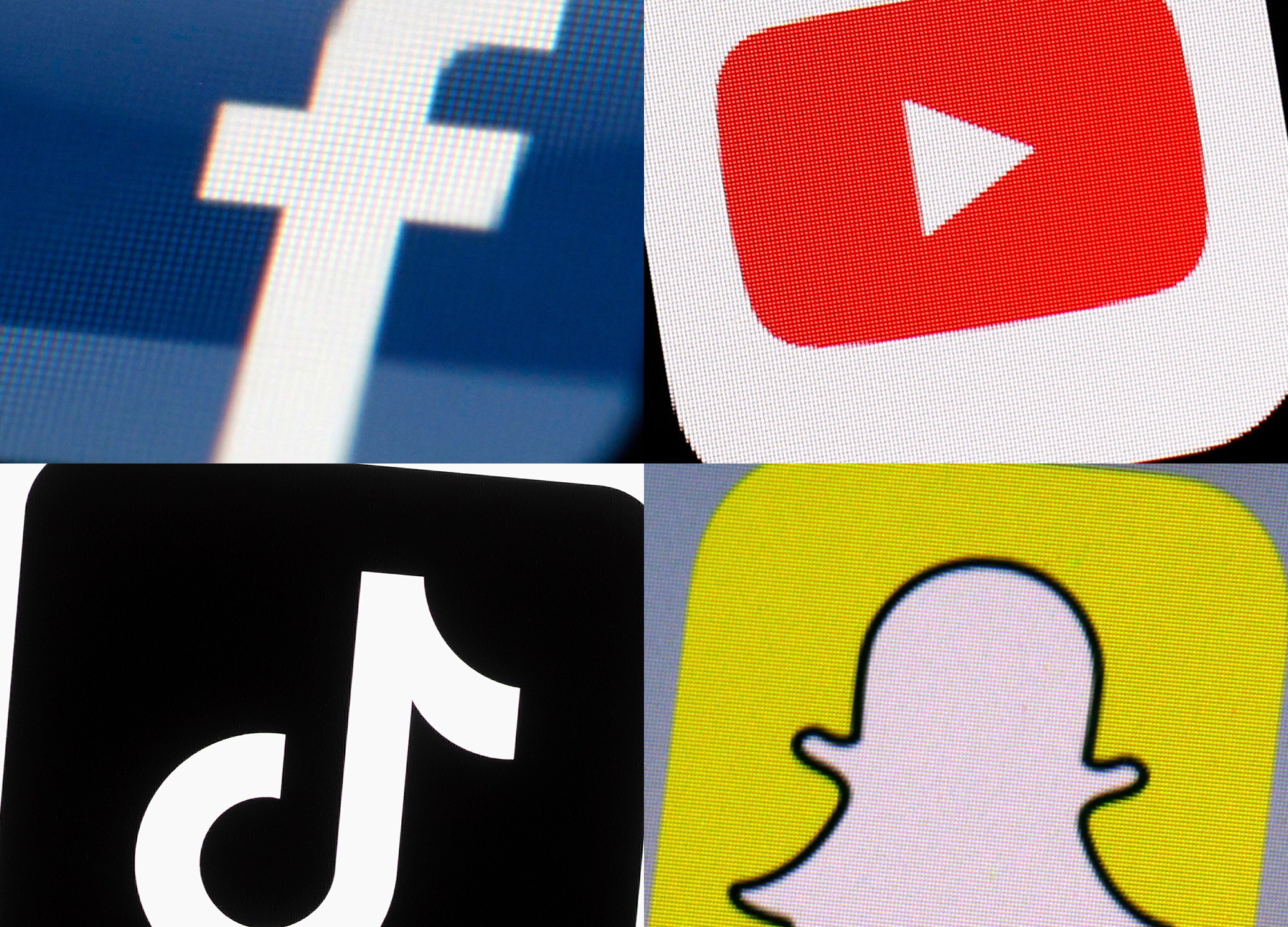 FILE - This combination of 2017-2022 photos shows the logos of Facebook, YouTube, TikTok and Snapchat on mobile devices. Teen usage of social media hasn’t dropped much despite rising concerns about its effects on the mental health of adolescents. That's according to a new survey from the Pew Research Institute. But the data also found that roughly one in six teens describe their use of two platforms — YouTube and TikTok — as “almost constant.” Seventy-one percent of teens said they visit YouTube at least daily; 16% described their usage as “almost constant” according to the survey. A slightly larger group — 17% — said they used TikTok almost constantly. (AP Photo, File)