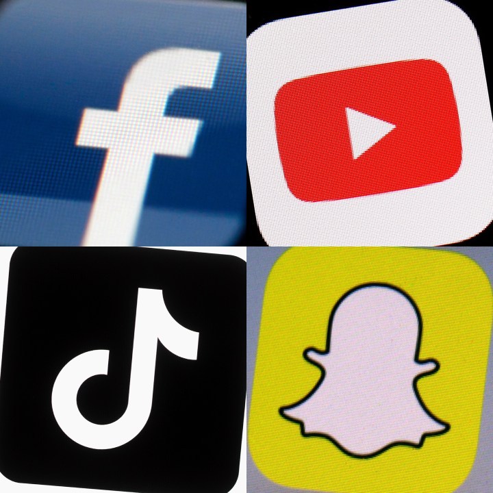 FILE - This combination of 2017-2022 photos shows the logos of Facebook, YouTube, TikTok and Snapchat on mobile devices. Teen usage of social media hasn’t dropped much despite rising concerns about its effects on the mental health of adolescents. That's according to a new survey from the Pew Research Institute. But the data also found that roughly one in six teens describe their use of two platforms — YouTube and TikTok — as “almost constant.” Seventy-one percent of teens said they visit YouTube at least daily; 16% described their usage as “almost constant” according to the survey. A slightly larger group — 17% — said they used TikTok almost constantly. (AP Photo, File)