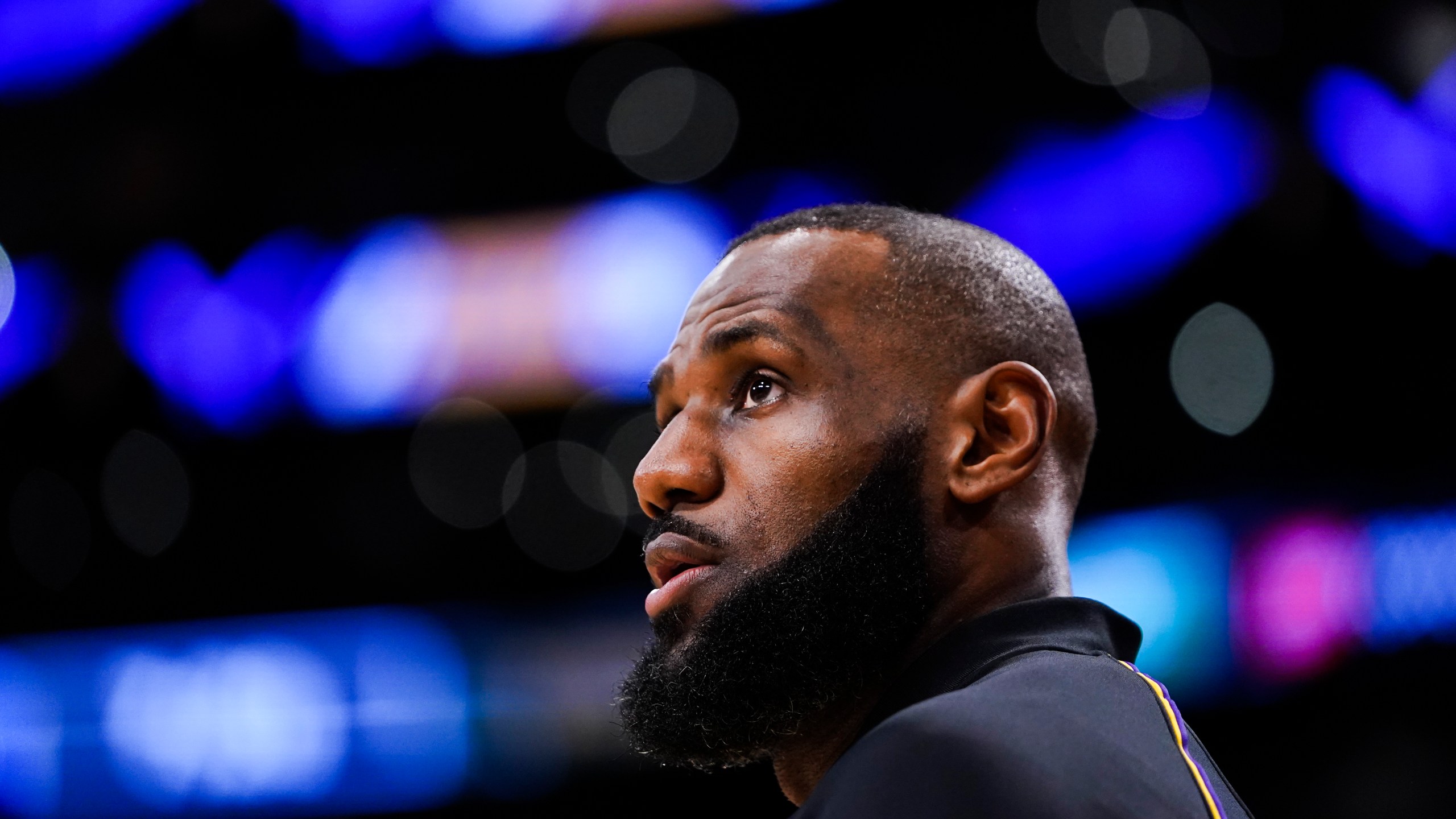 Los Angeles Lakers forward LeBron James warms up before an NBA basketball game against the New York Knicks, Monday, Dec. 18, 2023, in Los Angeles. (AP Photo/Ryan Sun)