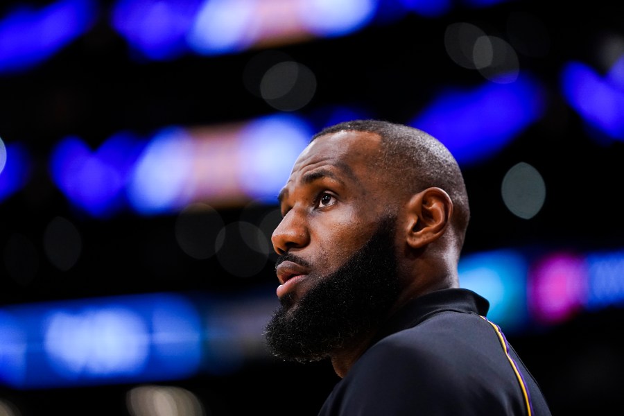 Los Angeles Lakers forward LeBron James warms up before an NBA basketball game against the New York Knicks, Monday, Dec. 18, 2023, in Los Angeles. (AP Photo/Ryan Sun)