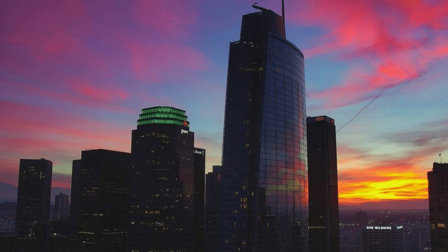 A beautiful sunrise is captured over downtown Los Angeles.