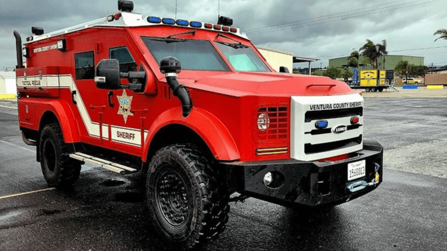 A Ventura County Sheriff's emergency vehicle is seen during a rain storm on Dec. 21, 2023. 