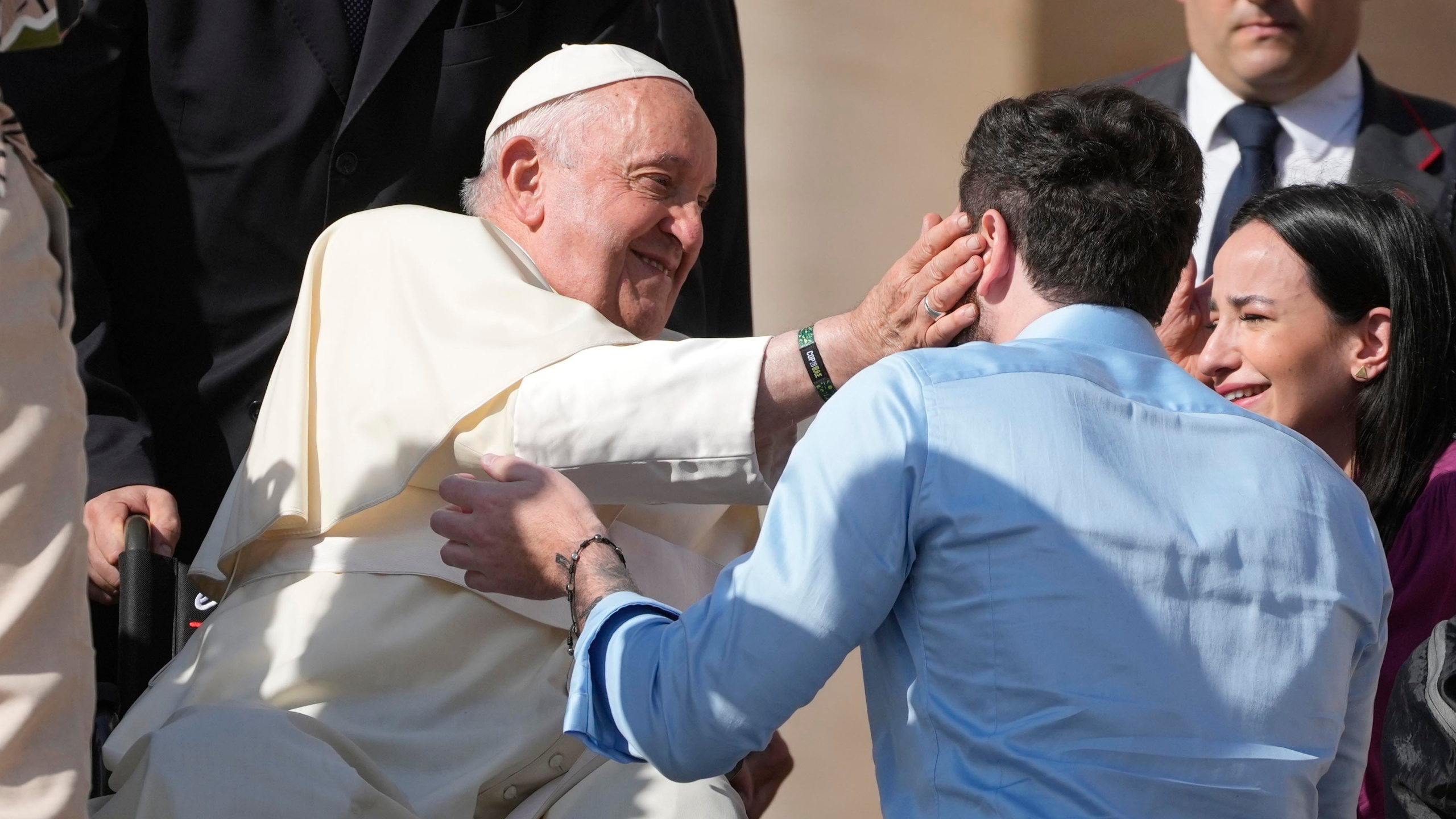 Couples meet with Pope Francis during the weekly general audience in St. Peter's Square at the Vatican.