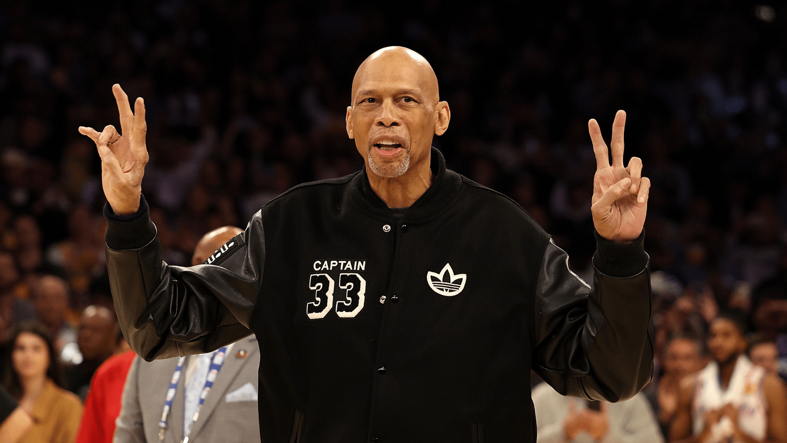 Kareem Abdul-Jabbar reacts on the court after LeBron James of the Los Angeles Lakers passed Abdul-Jabbar to become the NBA's all-time leading scorer on February 07, 2023 in Los Angeles.