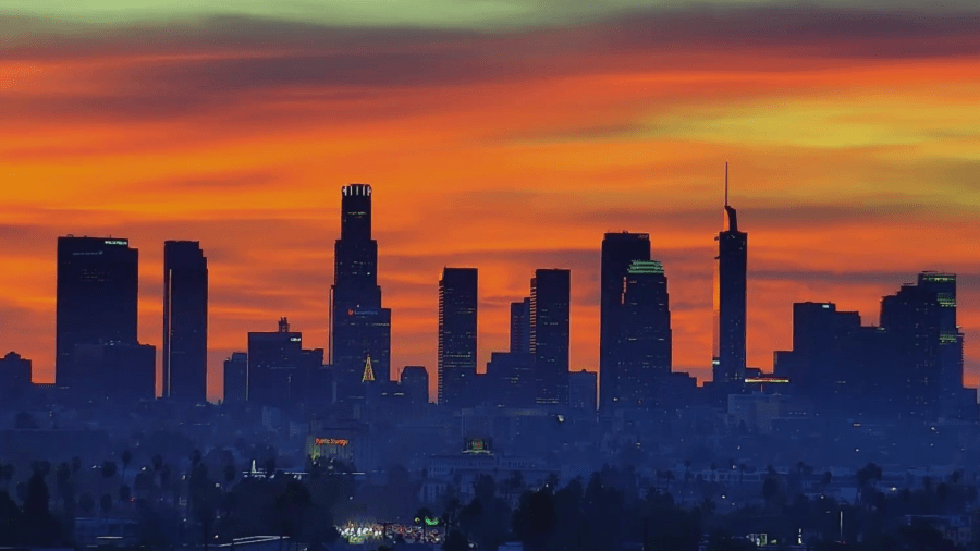 A beautiful sunrise is captured over downtown Los Angeles.