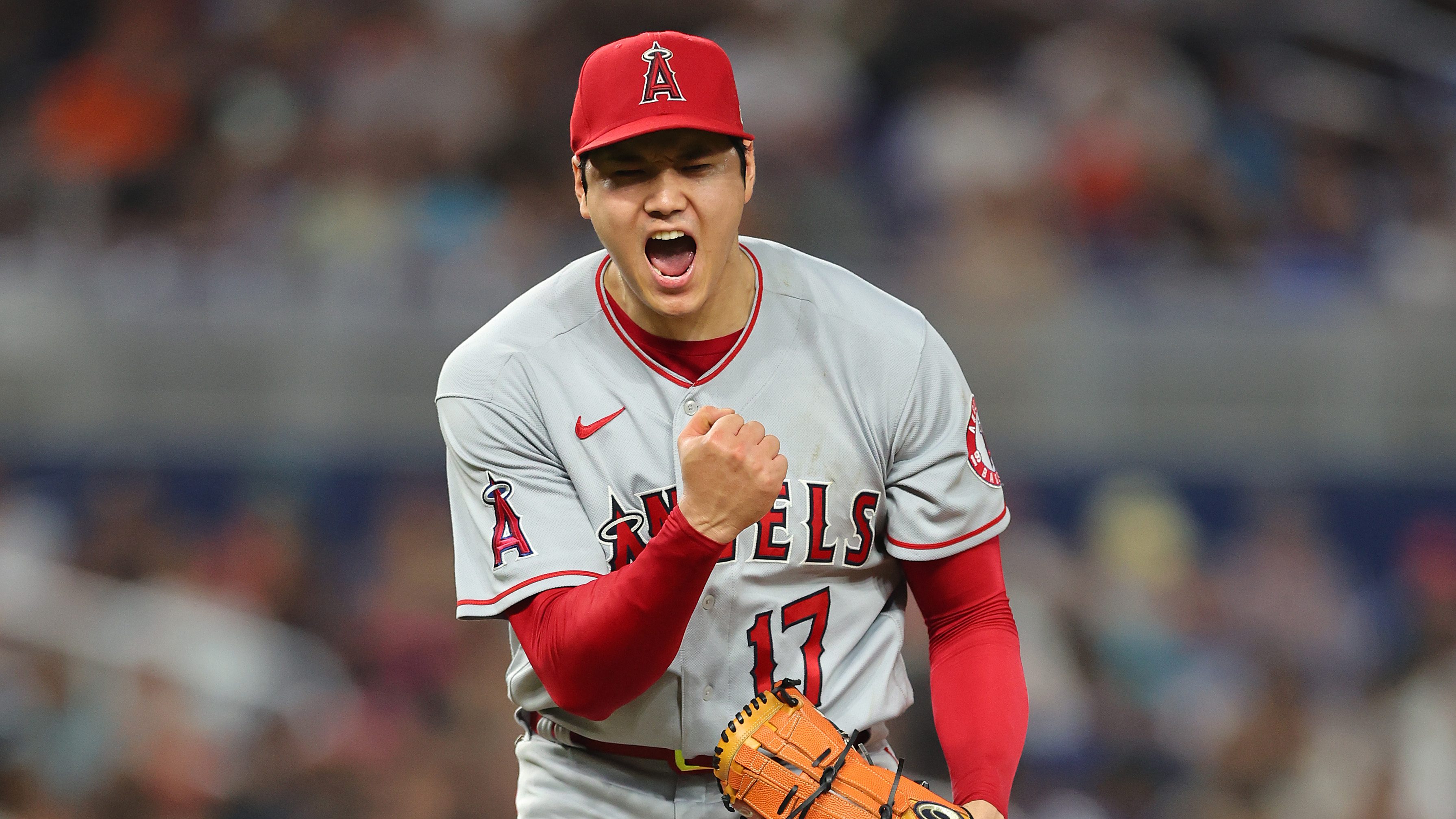 Shohei Ohtani #17 of the Los Angeles Angels celebrates a strikeout during the seventh inning against the Miami Marlins at loanDepot park on July 06, 2022 in Miami, Florida. (Photo by Michael Reaves/Getty Images)