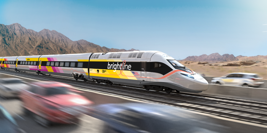 Rendering of a Brightline West train that will be travel between Rancho Cucamonga and Las Vegas. (Brightline)
