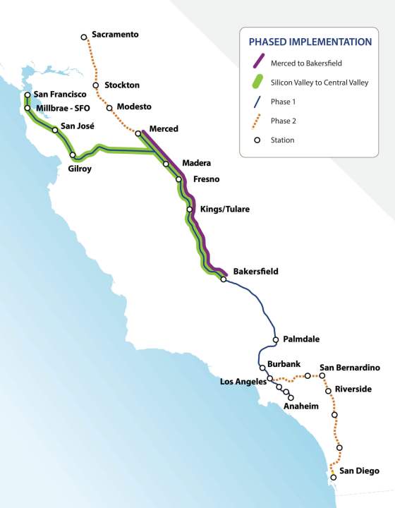 Map of the phased implementation of the California High-Speed Rail, which is broken up into segments. (California High-Speed Rail Authority)