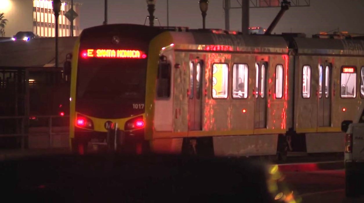 A man was killed after being stabbed on an E-Line Metro train in South Los Angeles on Dec. 12, 2023. (KTLA)