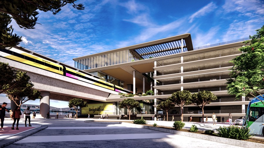Rendering of a proposed new transit center in Rancho Cucamonga that will serve as the terminus of the Brightline West SoCal-to-Vegas bullet train. (Brightline)