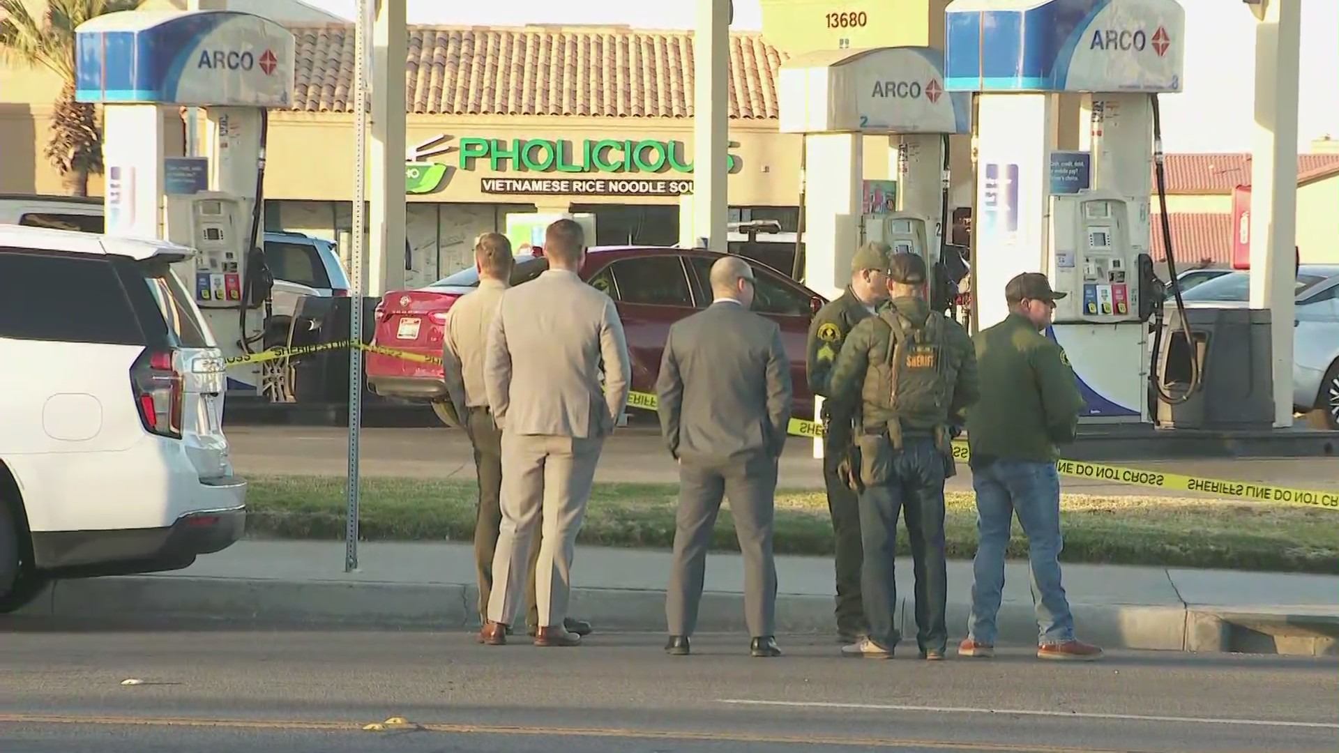 A San Bernardino County sheriff’s deputy was airlifted to a trauma center following a shootout at a Victorville gas station on Dec. 1, 2023. (KTLA)