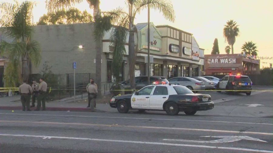 One person was killed and four others were hospitalized after shots rang out at a Willowbrook shopping plaza on Dec. 15, 2023. (KTLA)