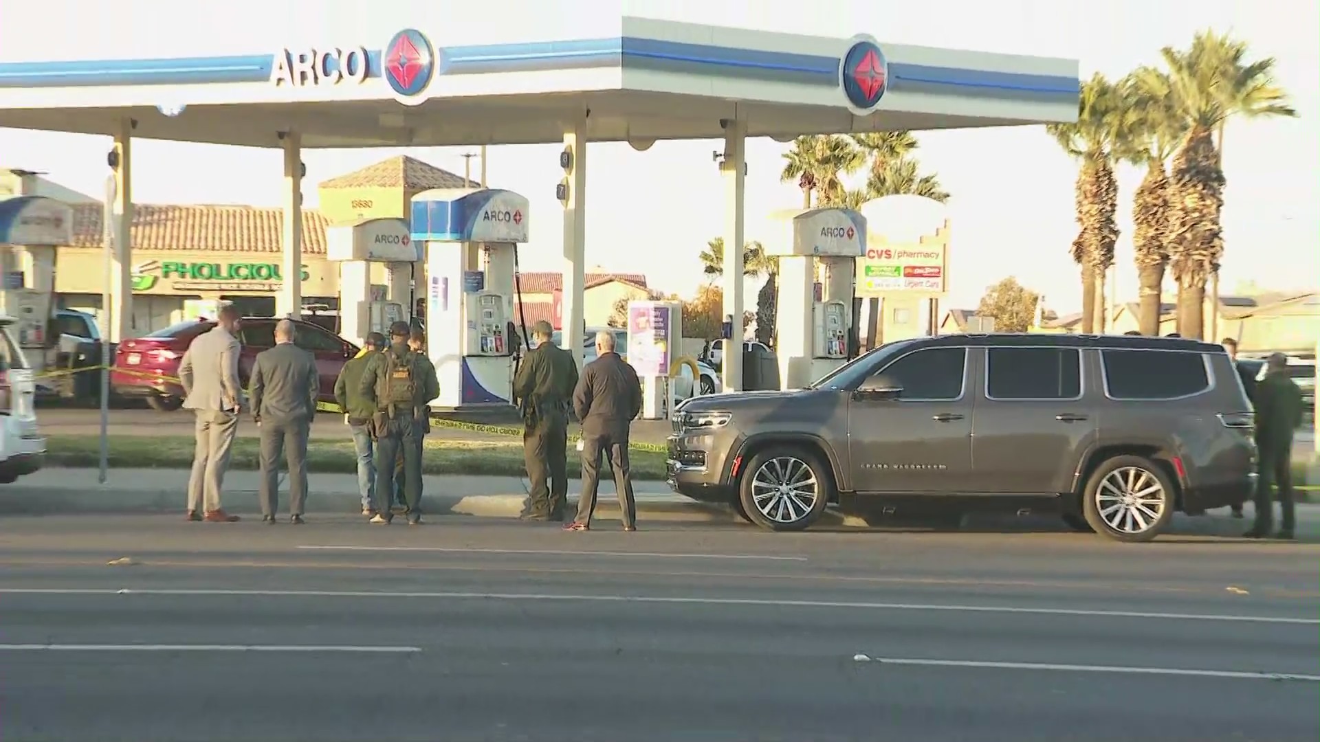 A San Bernardino County sheriff’s deputy was airlifted to a trauma center following a shootout at a Victorville gas station on Dec. 1, 2023. (KTLA)