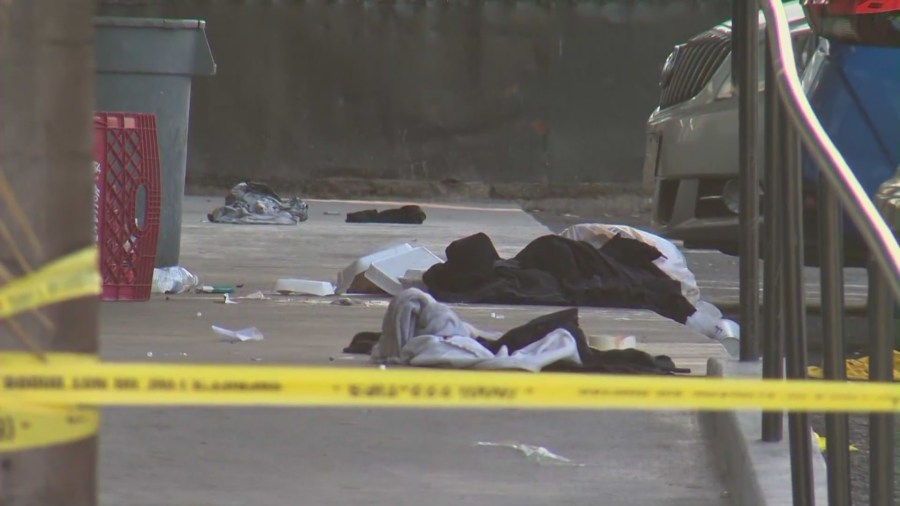 One person was killed and four others were hospitalized after shots rang out at a Willowbrook shopping plaza on Dec. 15, 2023. (KTLA)