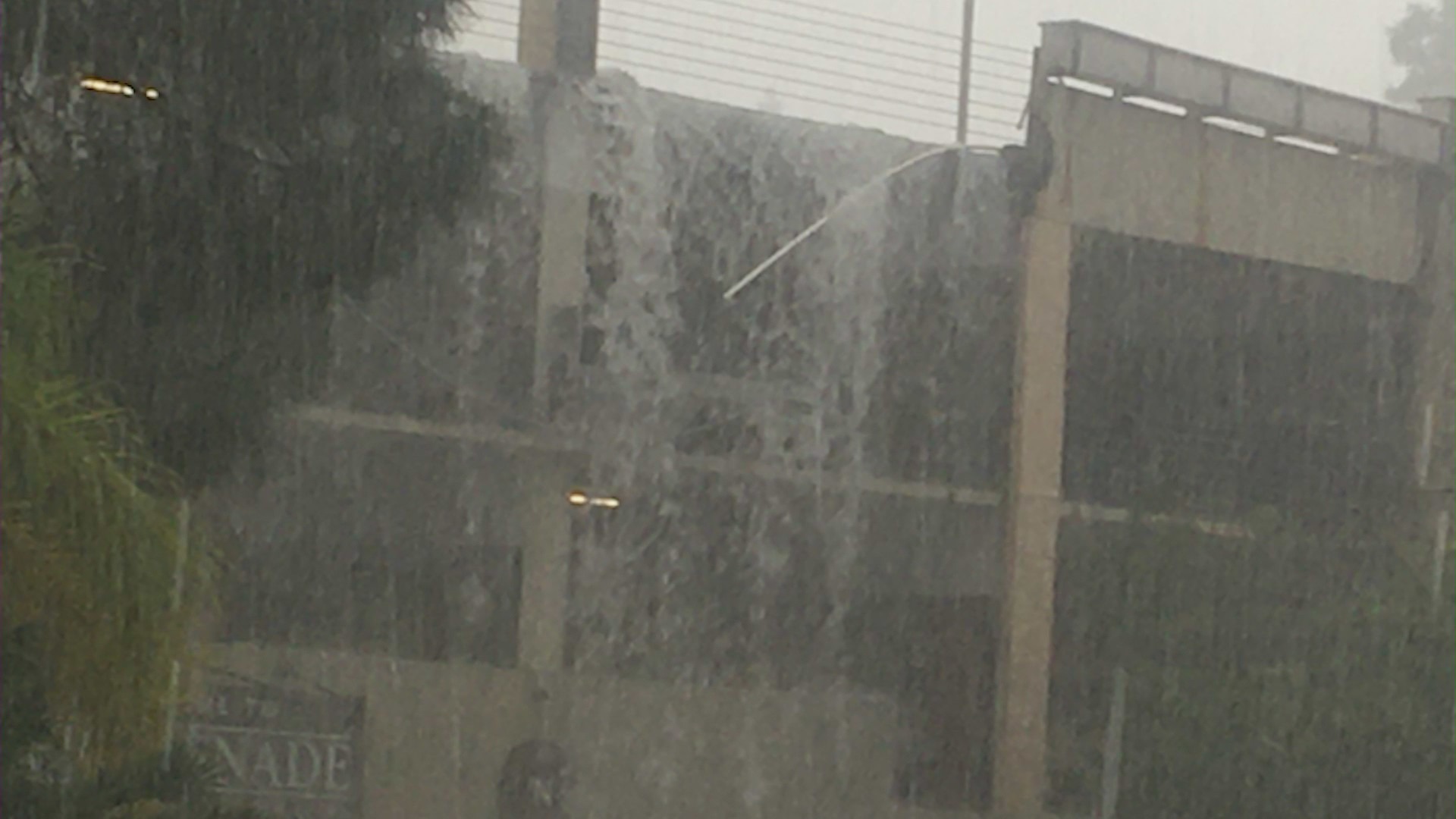 Large concrete planter boxes came crashing down at a shopping mall in Rolling Hills Estates due to heavy rain on Dec. 20, 2023. (Dana Graham)