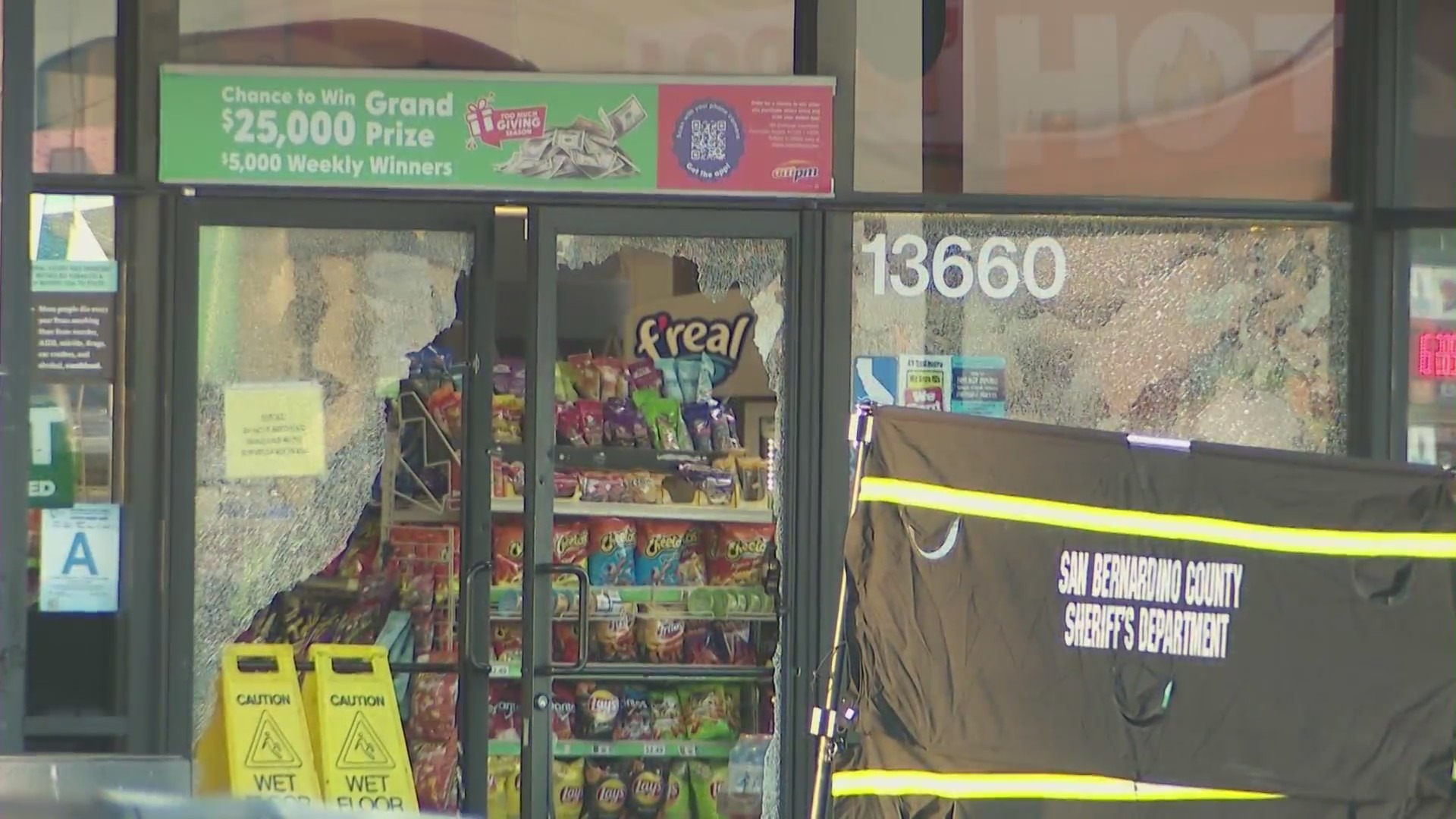 A San Bernardino County sheriff’s deputy was airlifted to a trauma center following a shootout at a Victorville gas station on Dec. 1, 2023. (KTLA)