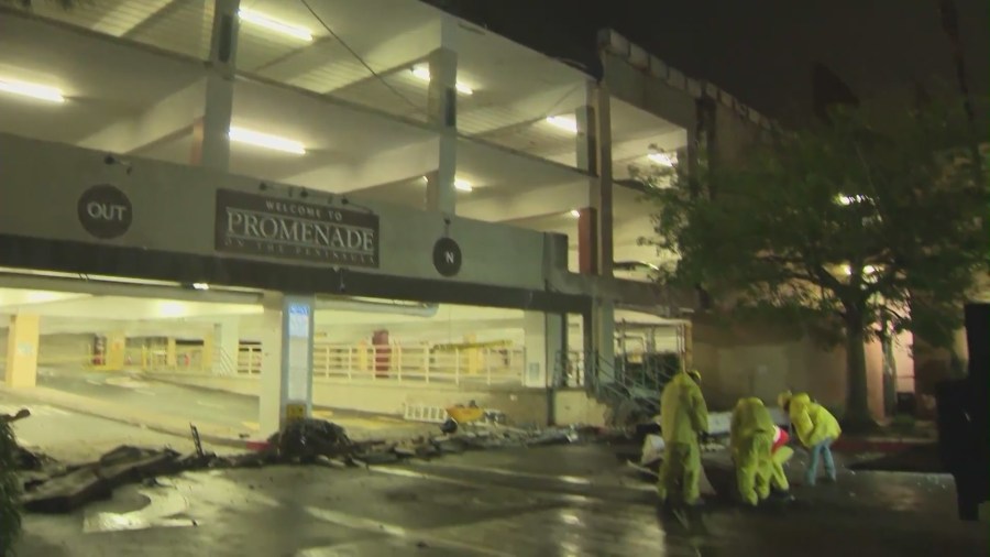 Large concrete planter boxes came crashing down at a shopping mall in Rolling Hills Estates due to heavy rain on Dec. 20, 2023. (KTLA)