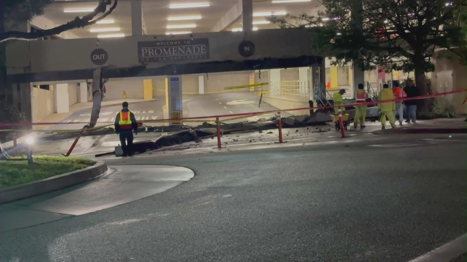 Large concrete planter boxes came crashing down at a shopping mall in Rolling Hills Estates due to heavy rain on Dec. 20, 2023. (KTLA)