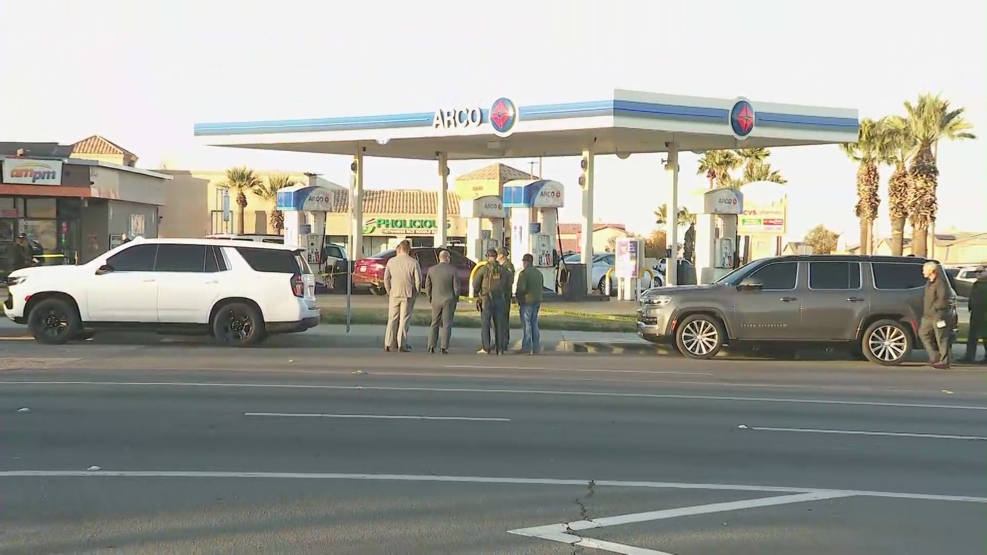 A San Bernardino County sheriff’s deputy was airlifted to a trauma center following a shootout at a Victorville gas station on Dec. 1, 2023. (KTLA)