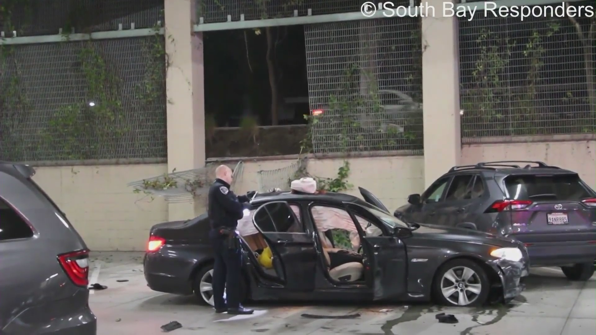 The parking structure where a female suspect crashed her BMW sedan while fleeing from police at the Del Amo Fashion Center on Dec. 23, 2023. (South Bay Responders)