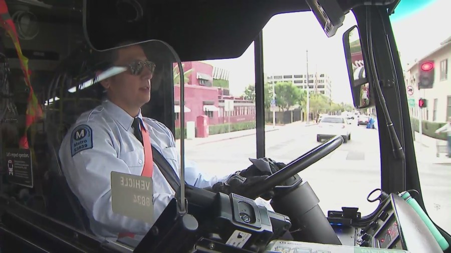 A plexiglass installed for safety near an L.A. Metro bus driver. (KTLA)