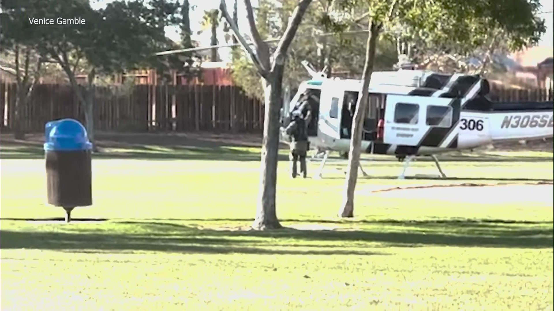 A San Bernardino County sheriff’s deputy was airlifted to a trauma center following a shootout at a Victorville gas station on Dec. 1, 2023. (Venice Gamble)