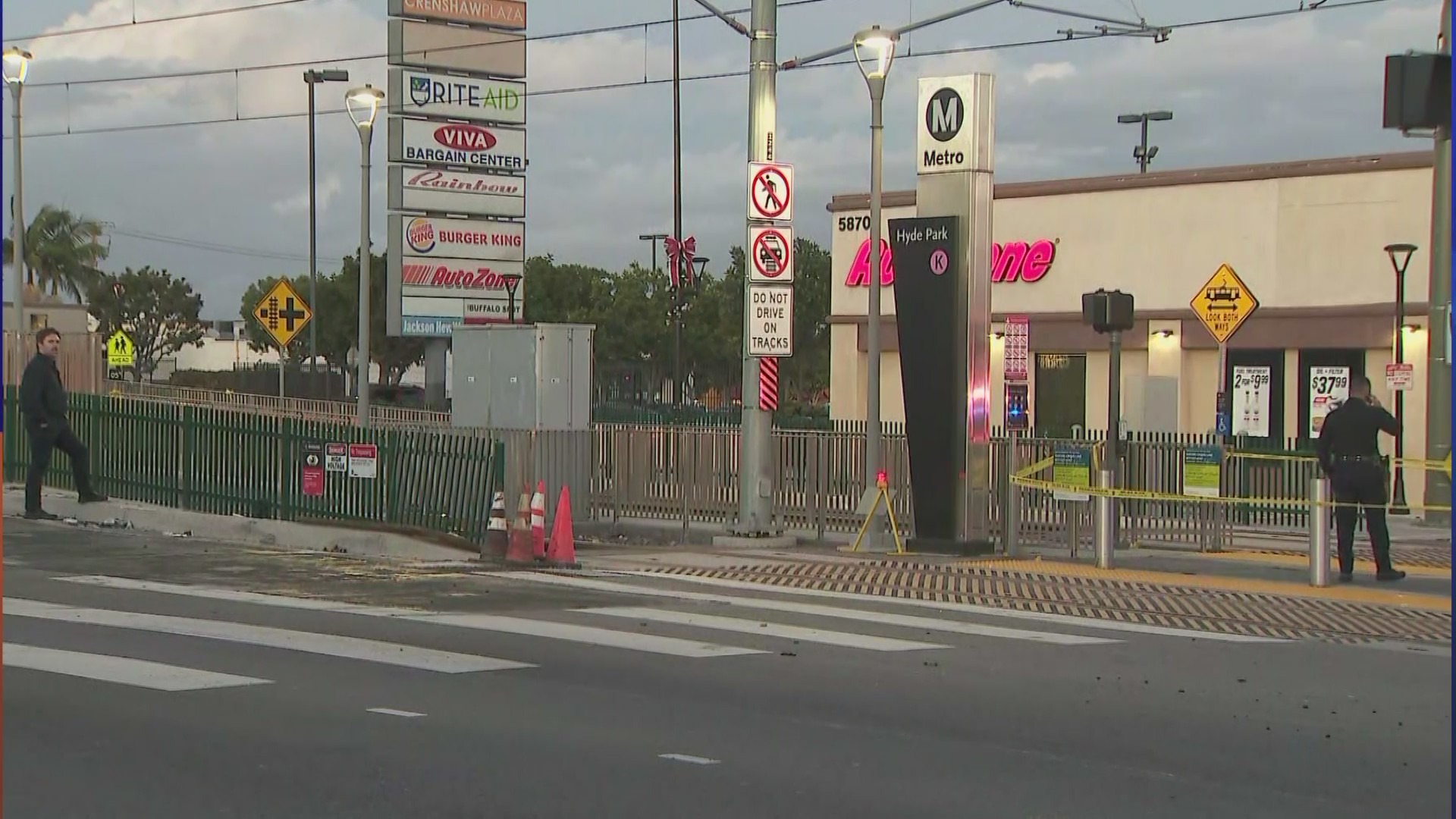 A man was fatally shot at the Hyde Park K-Line Metro Station in South L.A. on Dec. 30, 2023. (KTLA)