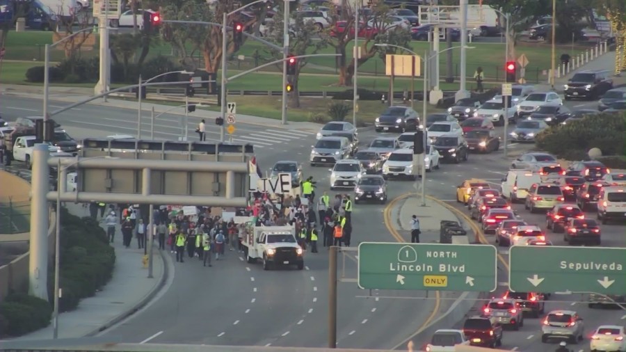 A group of protesters calling for a ceasefire in Gaza were blocking streets near the Los Angeles International Airport on Dec. 15, 2023. (KTLA)