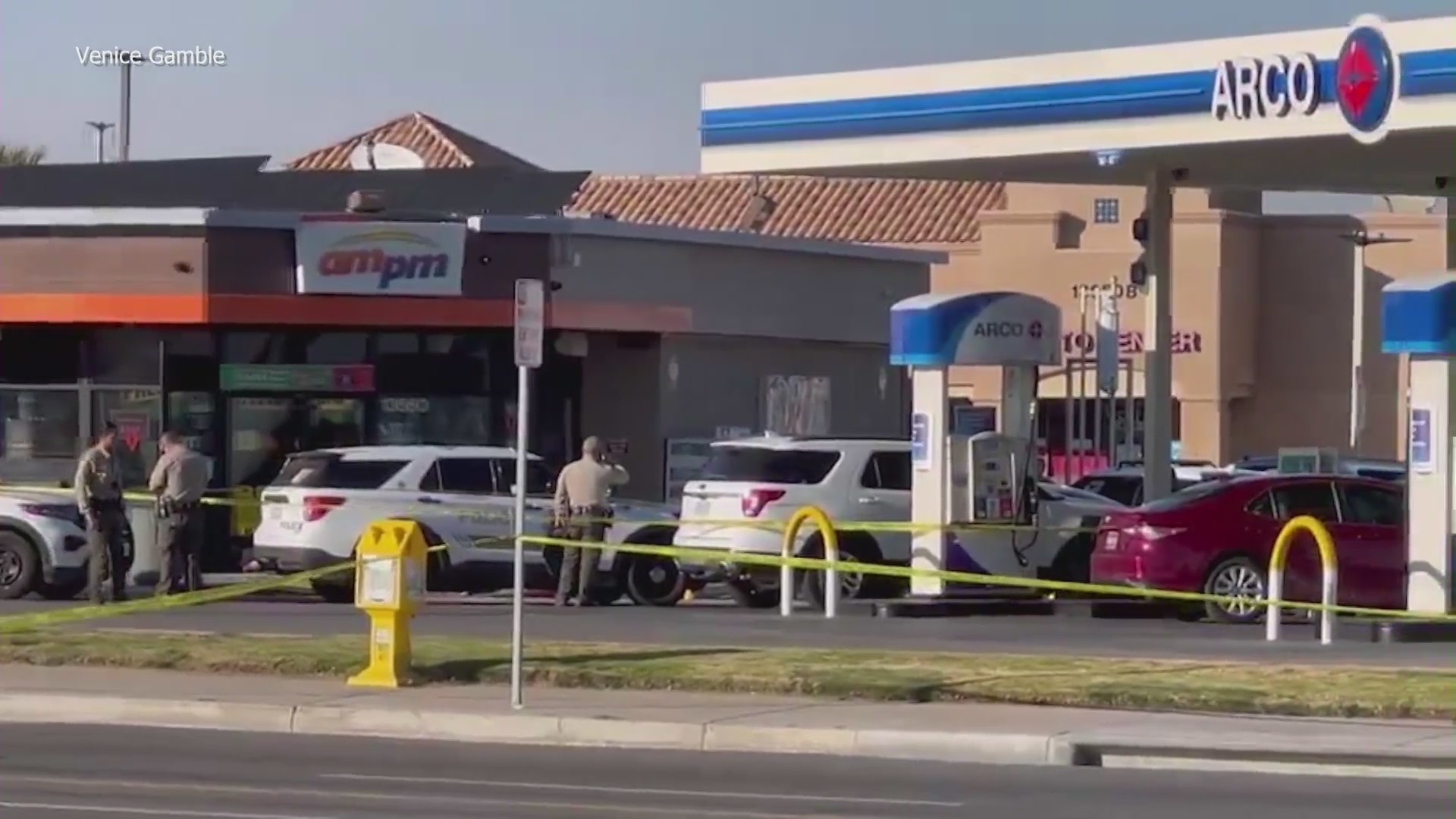 A San Bernardino County sheriff’s deputy was airlifted to a trauma center following a shootout at a Victorville gas station on Dec. 1, 2023. (KTLA)