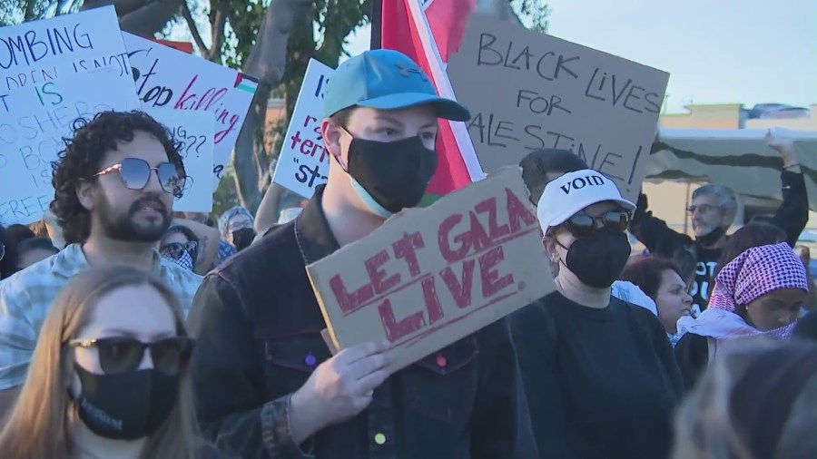 A group of protesters calling for a ceasefire in Gaza were blocking streets near the Los Angeles International Airport on Dec. 15, 2023. (KTLA)