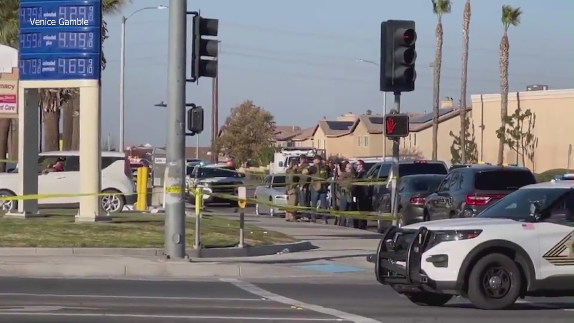 A San Bernardino County sheriff’s deputy was airlifted to a trauma center following a shootout at a Victorville gas station on Dec. 1, 2023. (KTLA)