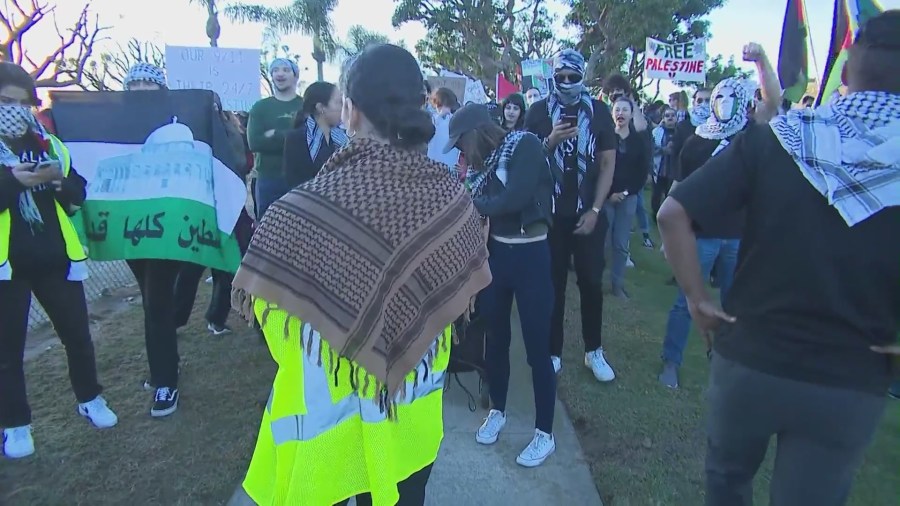 A group of protesters calling for a ceasefire in Gaza were blocking streets near the Los Angeles International Airport on Dec. 15, 2023. (KTLA)