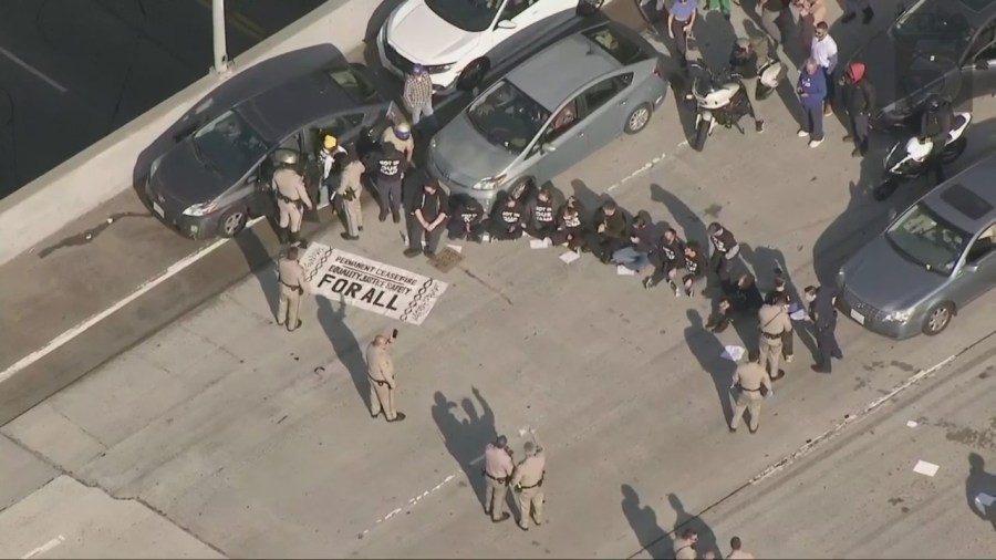 Protesters block downtown L.A. freeway