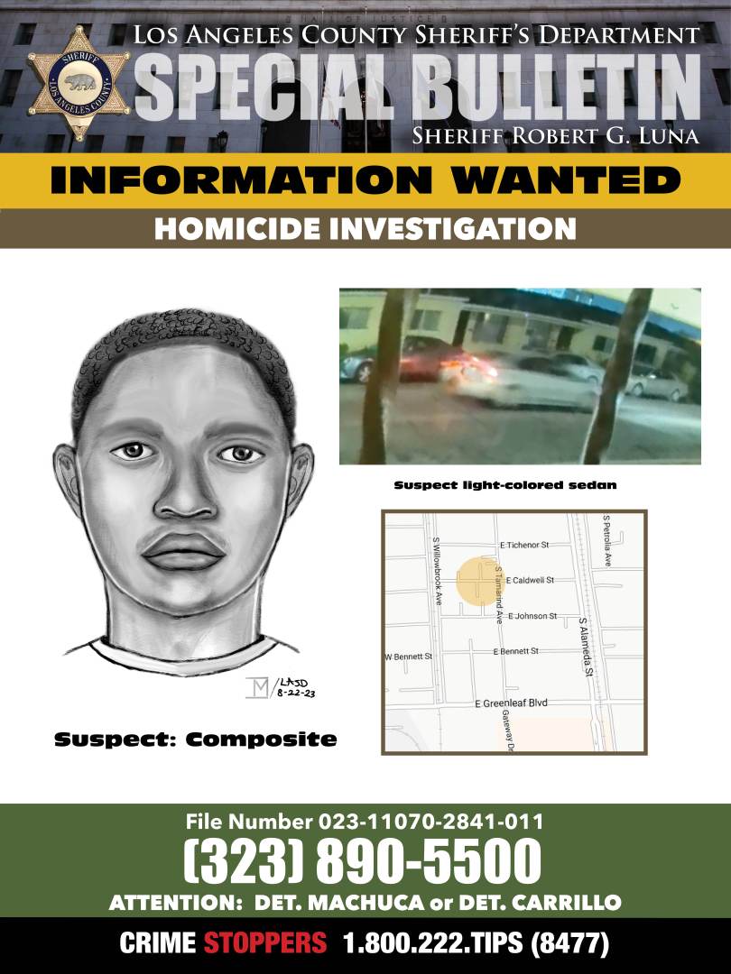 A sketch of the suspect and their light-colored sedan. The suspect is wanted for the deady shooting of Miguel Angel Prado on Aug. 18, 2023 in Compton. (Los Angeles County Sheriff’s Department)