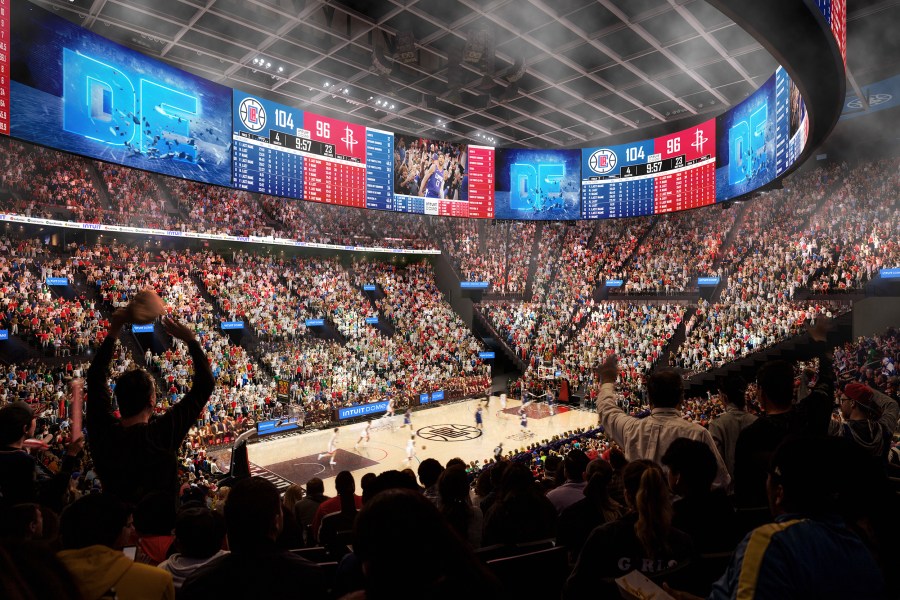 Rendering of interior of the Intuit Dome and the massive Halo Board and "The Wall." (Los Angeles Clippers)