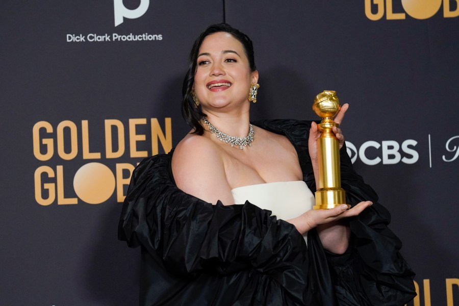 Lily Gladstone poses in the press room with the award for best performance by an actress in a motion picture, drama for "Killers of the Flower Moon" at the 81st Golden Globe Awards on Sunday, Jan. 7, 2024, at the Beverly Hilton in Beverly Hills, Calif. (AP Photo/Chris Pizzello)