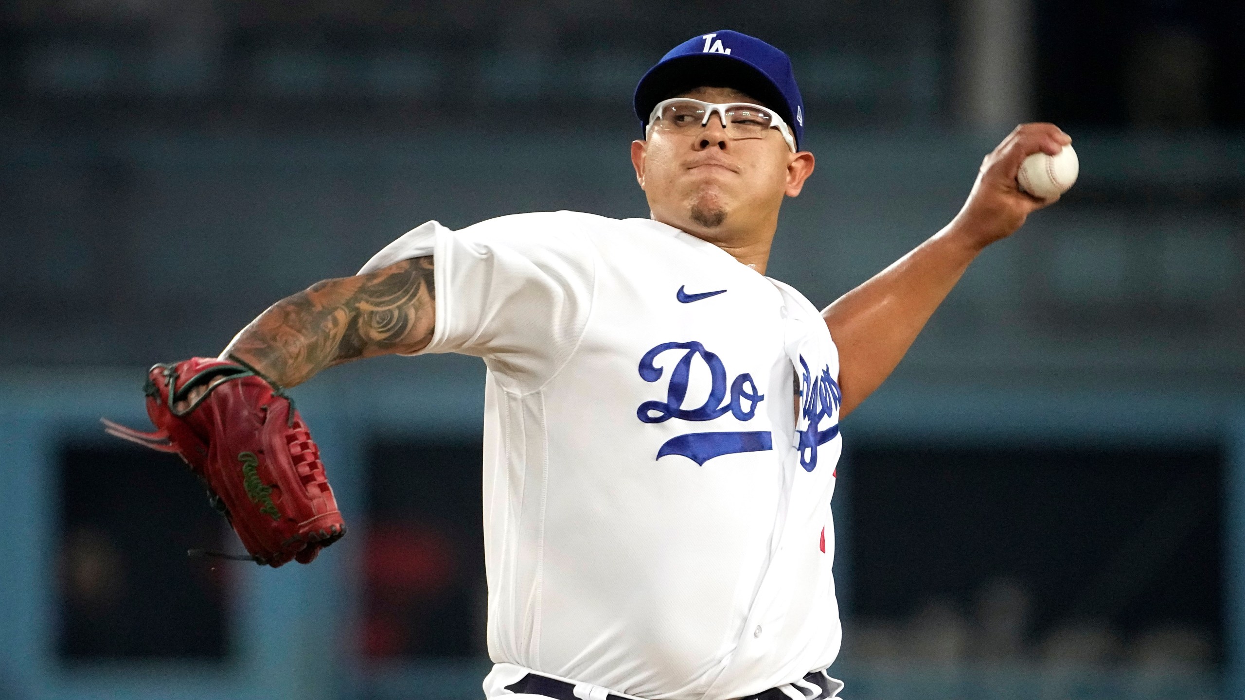 Los Angeles Dodgers starting pitcher Julio Urias throws to the plate during the first inning of a baseball game against the Atlanta Braves Friday, Sept. 1, 2023, in Los Angeles. Former Los Angeles Dodgers pitcher Julio Urías won’t be charged with a felony after his arrest in September on suspicion of domestic violence. (AP Photo/Mark J. Terrill, File)