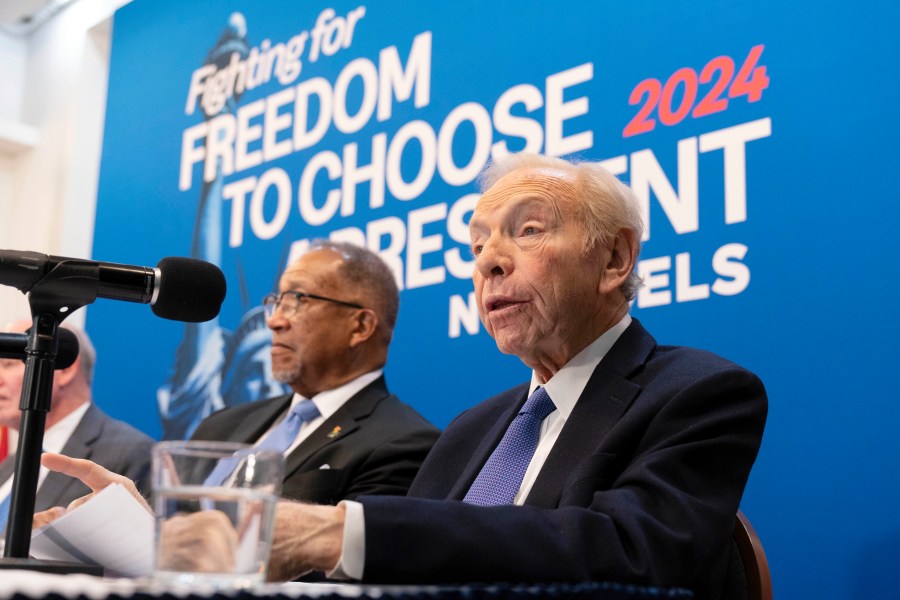 No Labels Founding Chairman and former Senator Joe Lieberman, speaks about the 2024 election at National Press Club, in Washington, Thursday, Jan. 18, 2024. (AP Photo/Jose Luis Magana) ,